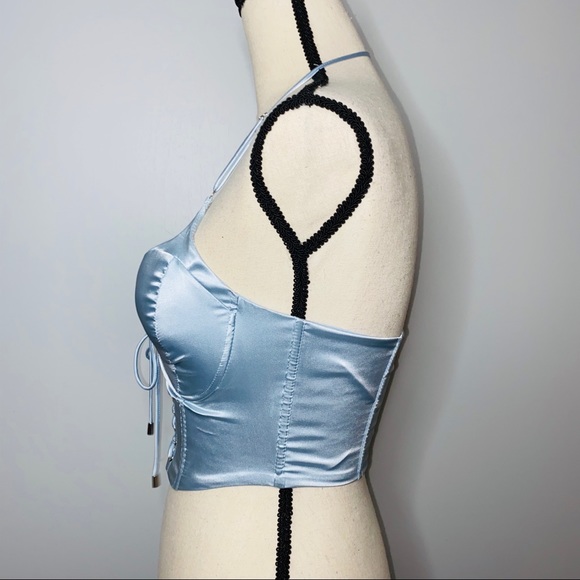NEW Baby Blue Satin Lace Up Padded Cropped Corset - Picture 11 of 14